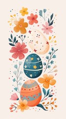 Colorful simple easter background. A collection of colorful eggs and delicate flowers, rabbits and chickens located on a white background. Generative AI