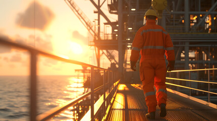 A male petroleum engineer in a field coverall walking or standing on a platform at a large offshore upstream oil and gas rig.