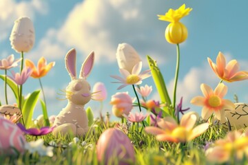 A collection of colorful Easter eggs among green grass, and a whimsical rabbit, a festive and playful scene of celebration and the beauty of nature. Generative AI