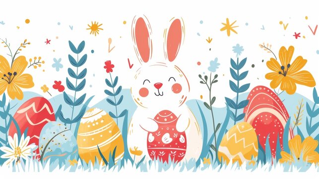 A painting depicting a cute bunny holding a colorful paintingEaster egg in its paws. The bunny is standing on green grass with flowers in the background.  Generative AI