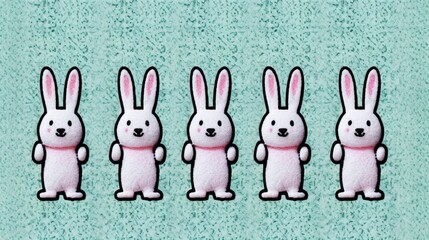 A group of bunny rabbits, commonly associated with Easter, are standing in a neat row. The fluffy creatures are all facing forward, displaying their cute and floppy ears. Generative AI