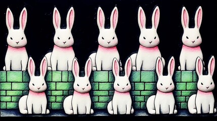 Several rabbits are seated on a brick wall, looking around. The group appears relaxed and comfortable in their elevated position. Generative AI