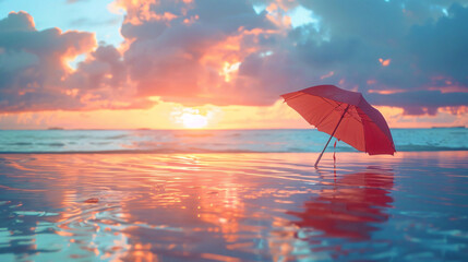 The lonely beach umbrella on the calm water at Sunset - obrazy, fototapety, plakaty