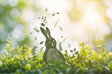 A rabbit sits in the grass near a pile of eggs, Easter celebration. Place for text. Generative AI