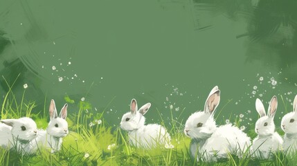 Rabbits on a green background, Easter celebration. Postcard. Place for text. Generative AI