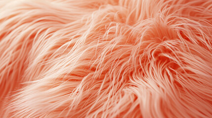 Peach faux fur texture presented in an abstract macro view, showcasing its apricot-like fluffy, soft composition.