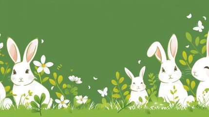 Rabbits on a green background, Easter celebration. Postcard. Place for text. Generative AI