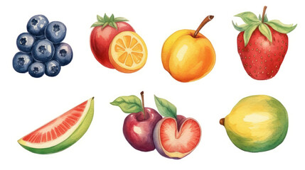 Fruit layout set isolated on white background, watercolor illustration. Apple, blueberry, lemon, orange, lime, kiwi, apricot, pear, grapes. Fruit icon clipart. Advertising, menu or package.