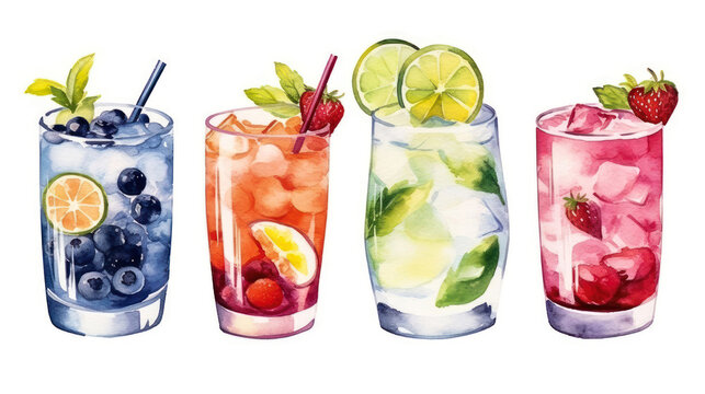 Tropical cocktail set isolated on white background, minimal. Hand drawn watercolor summer refreshing alcoholic drink. Cocktail digital abstract illustration, banner for advert, menu