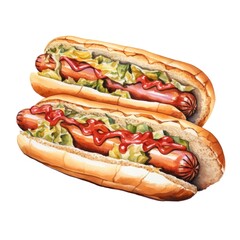 Hot dog close up isolated on white background, hand drawn watercolor illustration, cutout minimal. Realistic hot dog, icon, detailed. Grocery product advertising.
