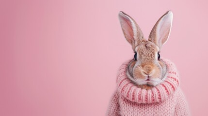 A cute rabbit is wearing a cozy pink sweater in front of a matching pink background. The bunny looks adorable and stylish in its  outfit. Generative AI