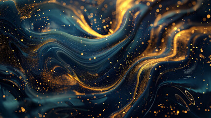 An abstract smoke background in blue-green hues is adorned with shimmering gold particles, featuring highlights and blurs for added depth and dimension.