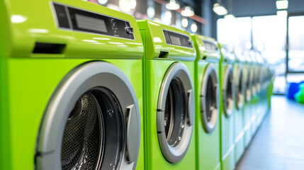 Rows of green-colored laundry machines fill the space of an environmentally friendly laundromat, embodying the washing and laundry concept.