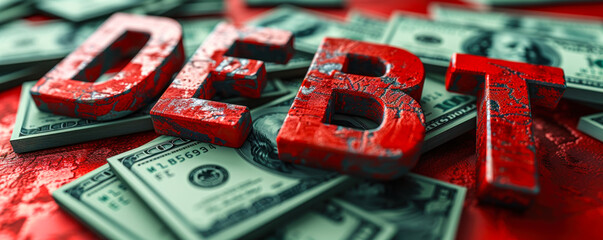 Conceptual 3D illustration of the word DEBT in bold, white letters against a red backdrop with falling dollar bills, symbolizing financial obligations and debt management - obrazy, fototapety, plakaty