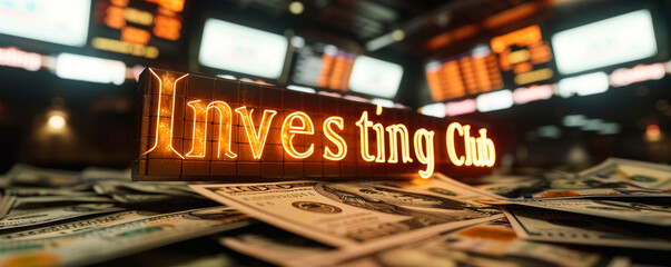 Investing Club golden 3D text floating over a background of hundred-dollar bills, symbolizing group investments and collective financial strategies