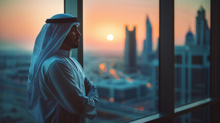 arab business man standing outside a window and looking at the big city