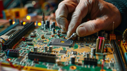 The technician repairing the computer mainboard