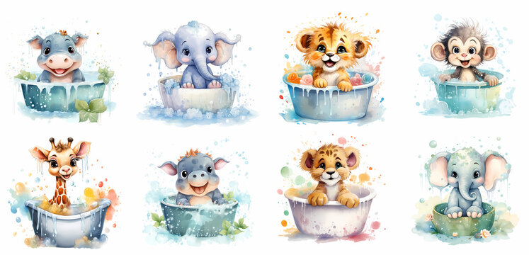 Set of Cute jungle animals in bathtub watercolor Clipart, generated ai