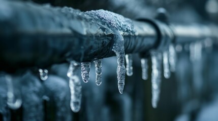 Image of the ice pipes decorated with icicles. - obrazy, fototapety, plakaty