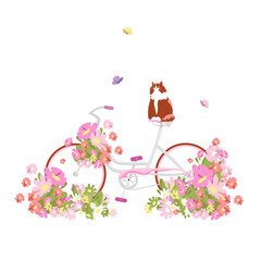 a cat is sitting on a bicycle. vector illustration with flowers. spring and summer picture