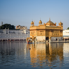 Naklejka premium Beautiful view of Golden Temple - Harmandir Sahib in Amritsar, Punjab, India, Famous indian sikh landmark, Golden Temple, the main sanctuary of Sikhs in Amritsar, India