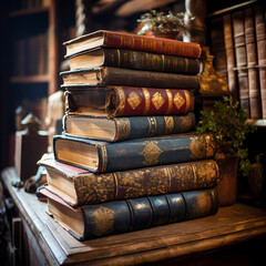 Old books stacked in an antique library. 