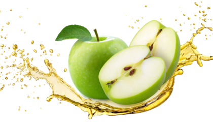 Green apples in splashes of flying juice. Concept of fresh fruits isolated on white background.