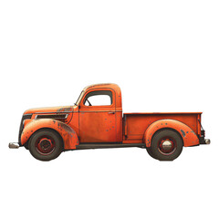 Retro red pickup truck with weathered paint isolated on transparent background PNG. Old-fashioned vehicle design concept for classic car enthusiasts, poster art, and collector's showcases.