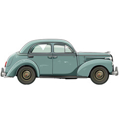 Classic light blue sedan car illustration isolated on transparent background PNG. Vintage family car concept for poster, automotive nostalgia, and collector's prints.