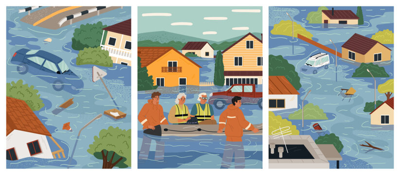 Flood natural disasters vector scene cartoon set