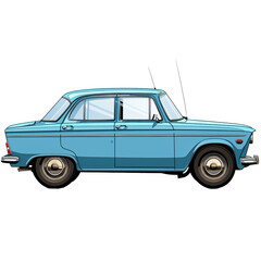 Antique blue compact car illustration. Vintage urban vehicle concept isolated transparent background  PNG, suitable for poster and collectible artwork.