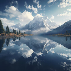 Reflections in a calm lake with a mountain backdrop