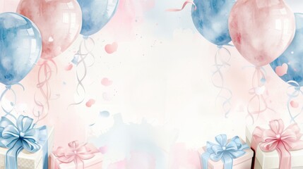 A gender reveal party invitation featuring a vibrant pink and blue background adorned with colorful presents and balloons, watercolor