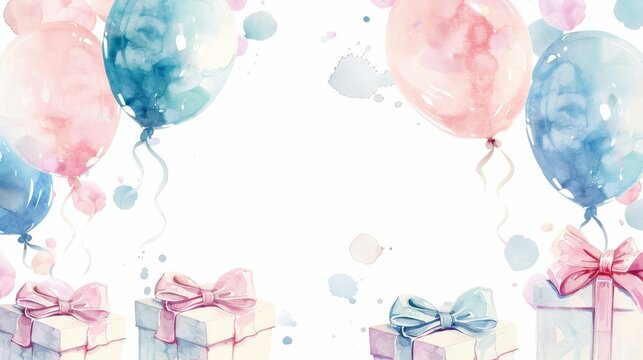 A watercolor painting featuring colorful balloons and wrapped presents, perfect for a gender reveal party invitation or birthday celebration