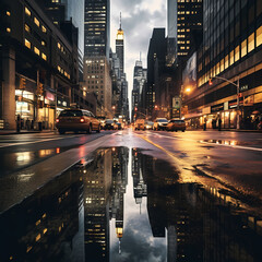Reflections in a rain-soaked urban environment. - obrazy, fototapety, plakaty