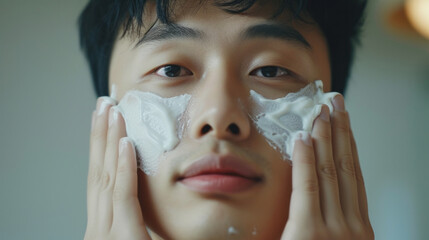 A young South Korean asian man applies cream to his face. Men's facial care concept
