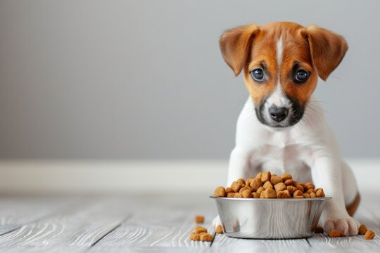 Close up puppy eating food on gray background with copyspace, concept of pet care, animal behavior
