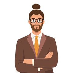 Young businessman in glasses and a tie stands with folded hands. Flat vector illustration isolated on white background