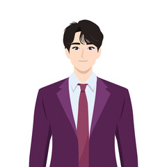 Young Asian business man wearing suit and tie. Flat vector illustration isolated on white background