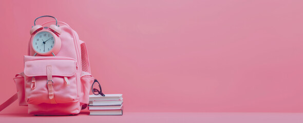 A pink school backpack with books and an alarm clock on a pink background with empty space for text. Concept of back to school, learning
