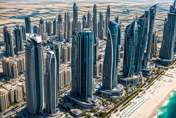 Fototapeta na wymiar Aerial view of Dubai beachfront modern skyscrapers sunshine summer day, urban background. Backdrop of cityscape UAE houses new towers. Construction and modern architecture concept. Copy ad text space