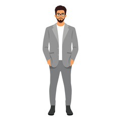 Young business man standing in grey suit with hands in his pockets. Flat vector illustration isolated on white background
