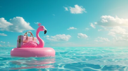 A pink inflatable flamingo with a suitcase floats in the sea or ocean under the bright sun. Summer sea holiday concept
 - obrazy, fototapety, plakaty
