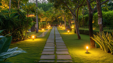 Obraz premium Garden stone walkway with lighted candles in the evening. Resort and hotel with nature for travel,