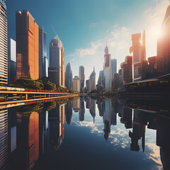 Fototapeta premium Reflections of skyscrapers in a calm river.