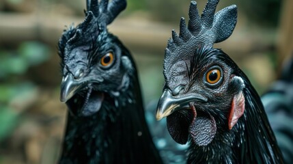 Black free-range farm chickens ayam cemani in nature against a backdrop of bright greenery in tropical countries
 - obrazy, fototapety, plakaty