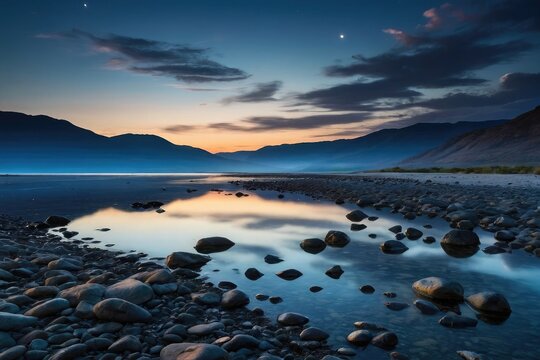 A small body of water with rocks in it, an amazing landscape image, nighttime nature landscape, award winning landscape photo, blue hour photography, landscape wallpaper