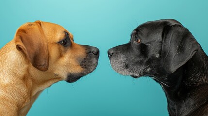 Two dogs of different colors looking at each other in a playful and curious manner