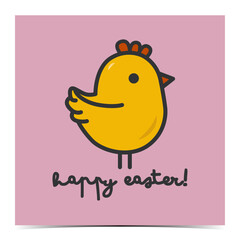 Funny Easter greeting card, cover, poster, label, flyer, banner with cute yellow chick on the pink background	