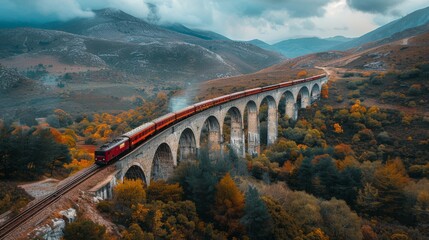 Train Crossing Bridge With Mountains in Background - obrazy, fototapety, plakaty